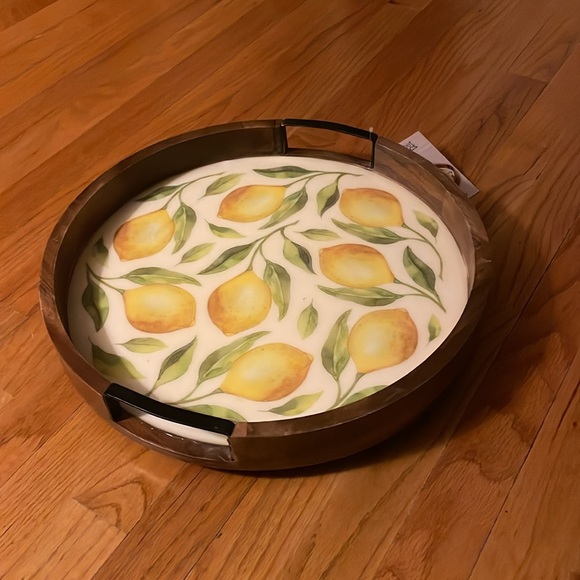 Gourmet Basics Lemon Rotating Tray, wood with iron handles. 16”L X 16”W X 2.75”H - Picture 14 of 17